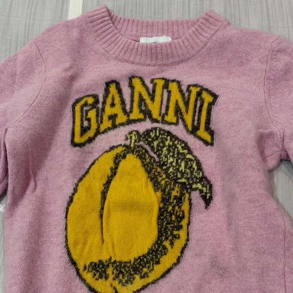 Ganni Pink and Yellow Graphic Crew Neck wool Sweater - Picture 5 of 8